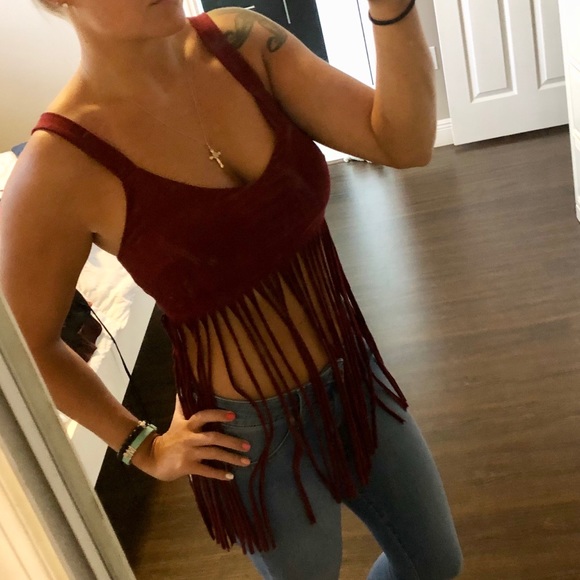 Tops - Maroon Suede Fringe Crop Tank